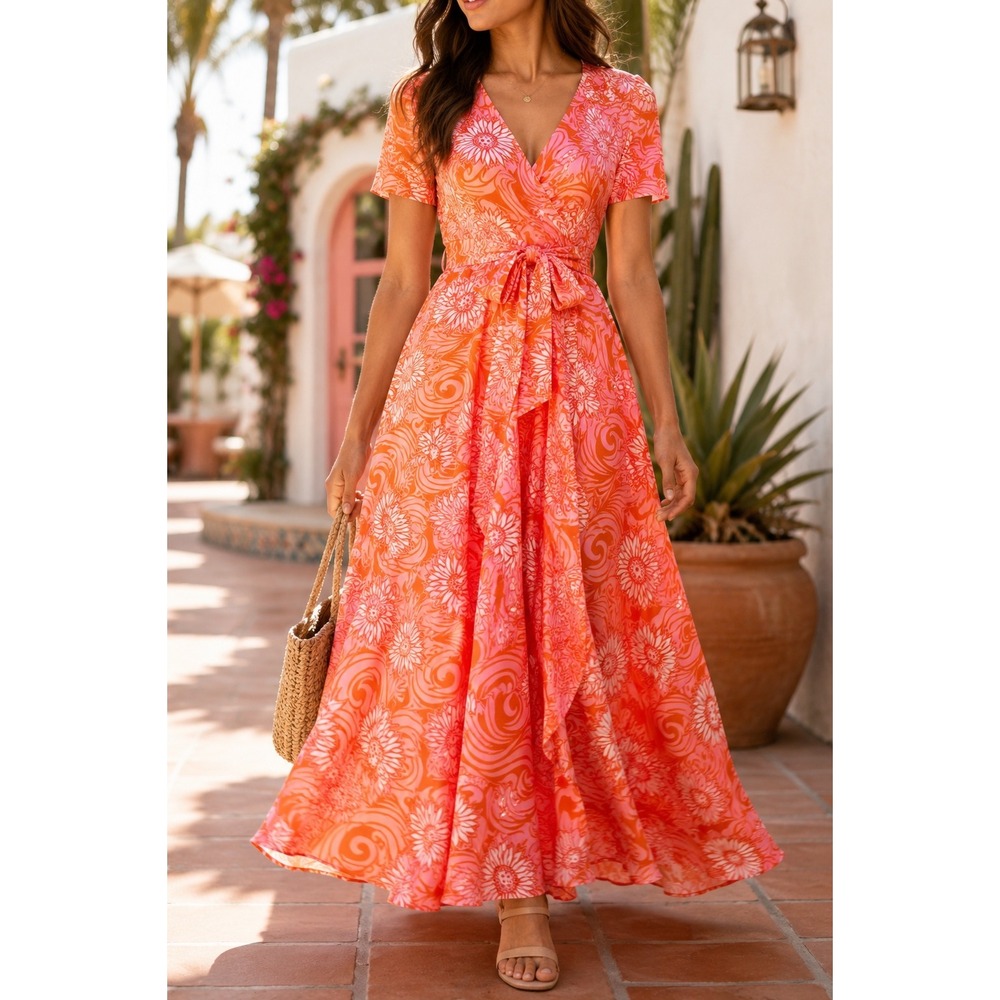Wayward Fancies eShakti Coral Pink Retro Floral Faux Wrap Maxi Dress XL 18